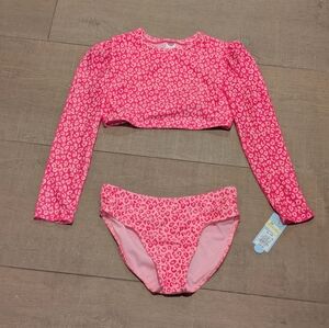 Cat & Jack Kids Long-Sleeve Pink Leopard Two-Piece Swim Set XL (14) NWT